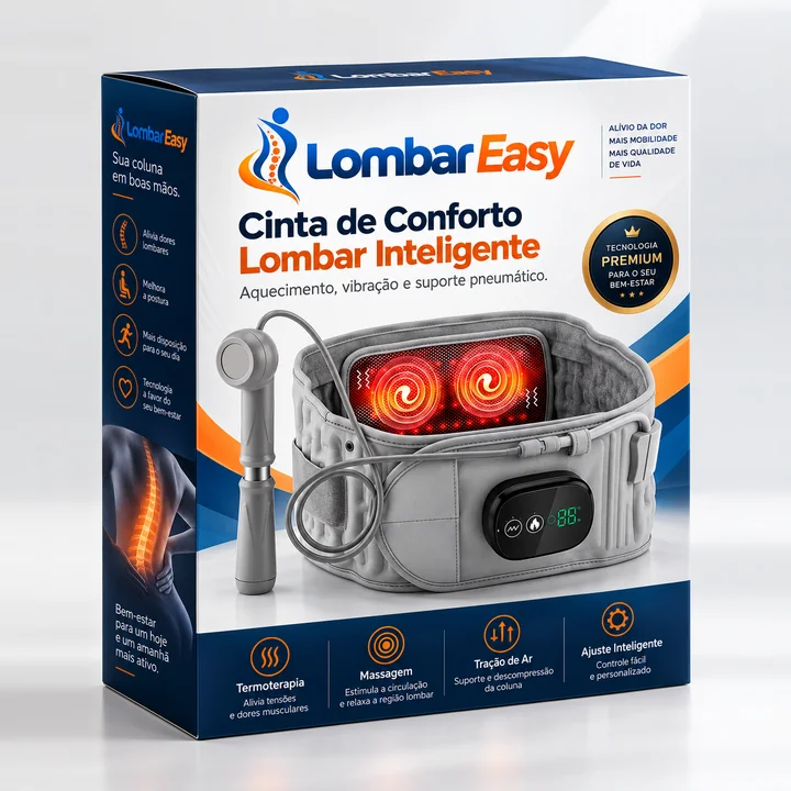 Embalagem da LombarEasy, Cinta de Conforto Lombar Inteligente, com a cinta, a bomba manual e o controle com display