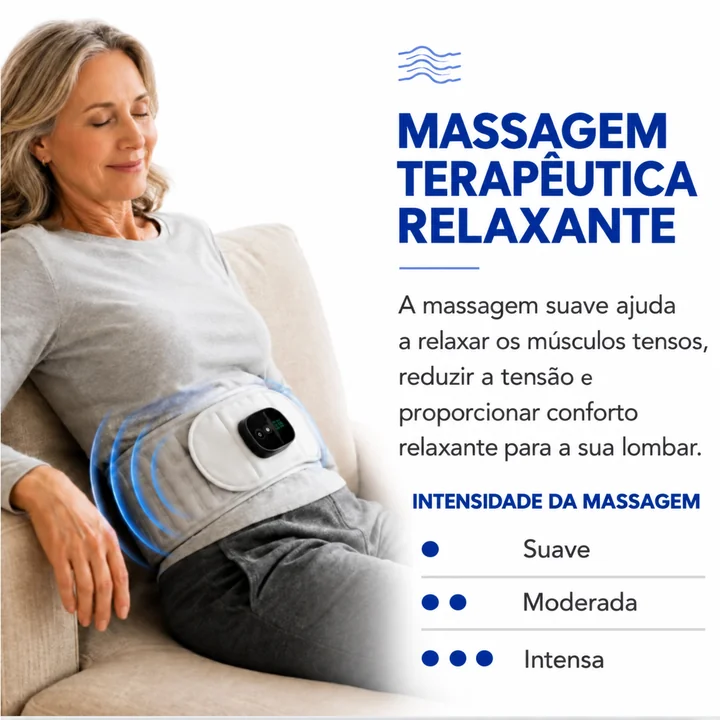 Mulher relaxando no sofá com a massagem da LombarEasy em 3 intensidades: suave, moderada e intensa