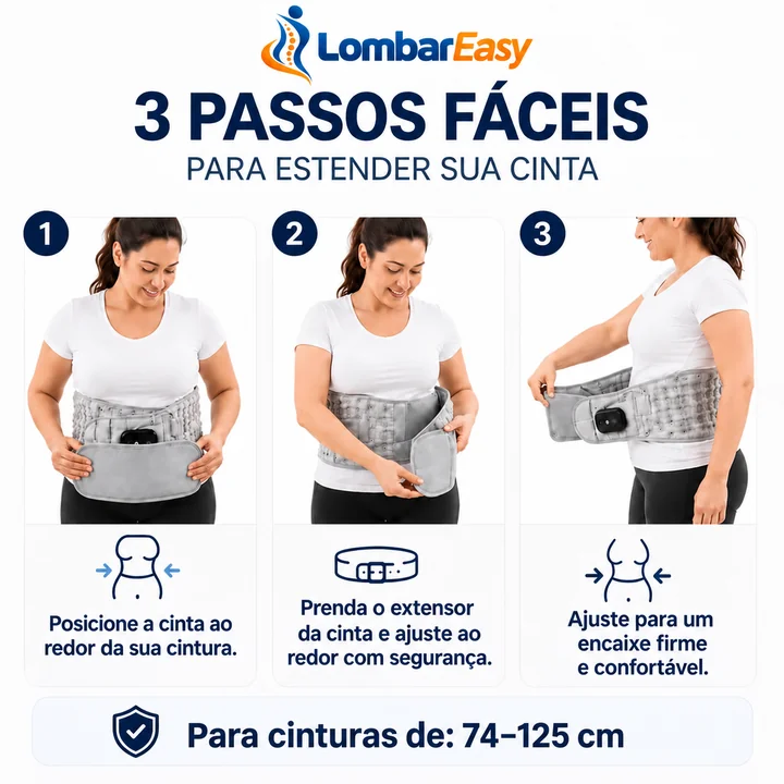 3 passos para vestir a cinta: posicionar, prender o extensor e ajustar; serve em cinturas de 74 a 125 cm