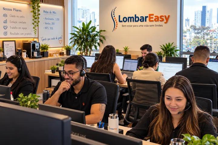 Pessoas com headset atendendo clientes em um escritório com o logo da LombarEasy na parede